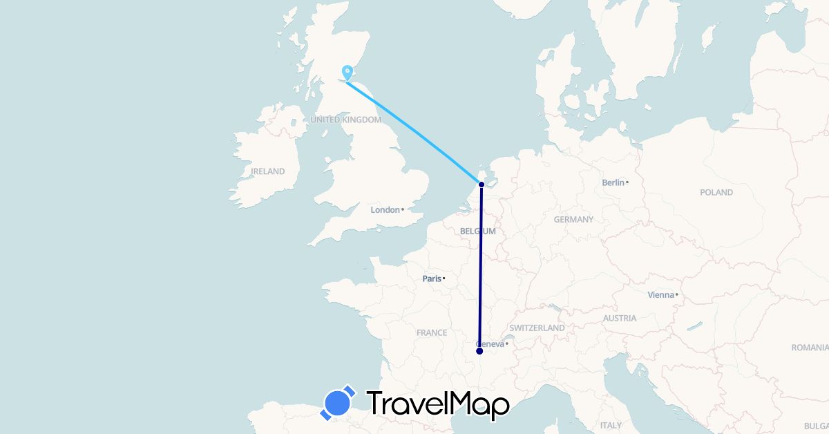 TravelMap itinerary: driving, bus, boat in France, United Kingdom, Netherlands (Europe)